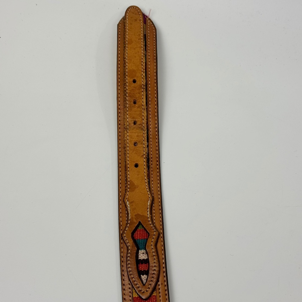Vintage Nocona Leather Belt 33 Western Tooled Woven Inlay Silver Buckle colorful - Picture 5 of 8